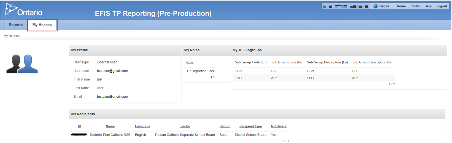 EFIS TP Reporting (Pre-Production): My Access page